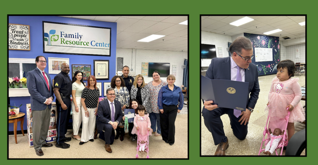 Two photos from an event at the Everett Family Resource Center. The first shows a group of staff, police officers, and community members gathered with a young girl in a pink tutu dress. The second shows a man kneeling to present an official document to the young girl.
