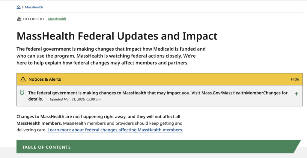 Screenshot of MassHealth Federal Updates and Impact from Mass.gov