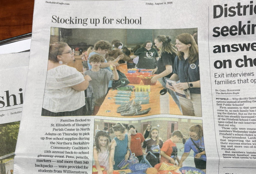 Cropped version of North Adams FRC backpack drive on the front page of the paper